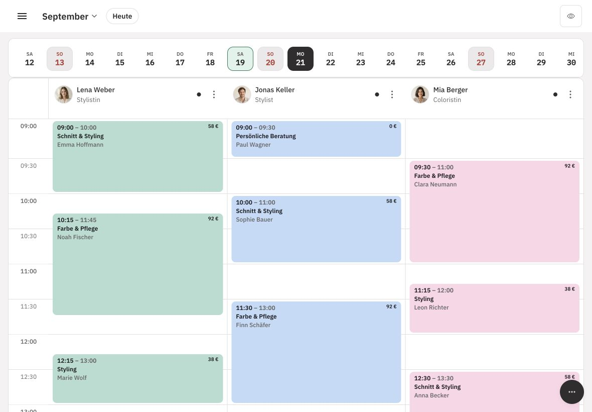 Planbar-Teamkalender mit fiktiven Terminen und Mitarbeitenden aus Studio Linden