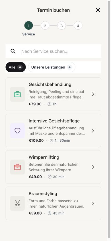 Echte mobile Planbar-Buchung des fiktiven Kosmetikstudios Magnolie mit vier kosmetischen Behandlungen, Preisen und Dauer.