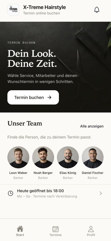 Friseur-Buchungsseite im X-Treme-Look mit fiktivem Team und Online-Terminbuchung